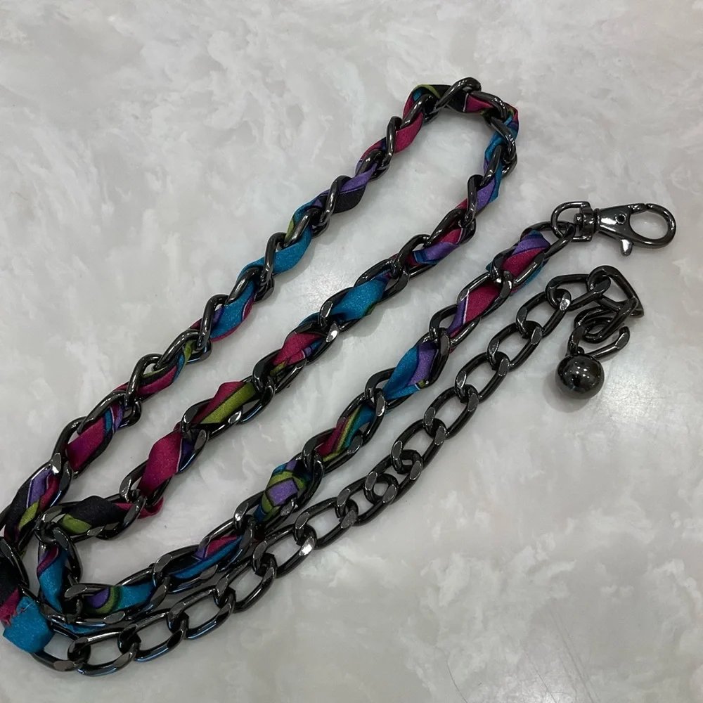 Heavy chain belt with colorful pucci style fabric intertwined, silver, black